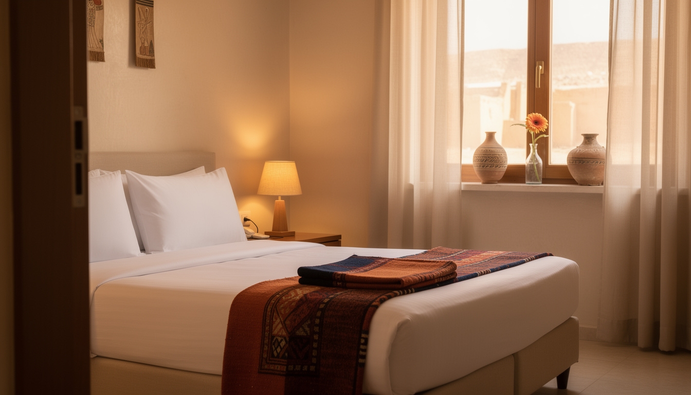 Hotel room in Luxor carefully staged with natural light and local textiles for photography
