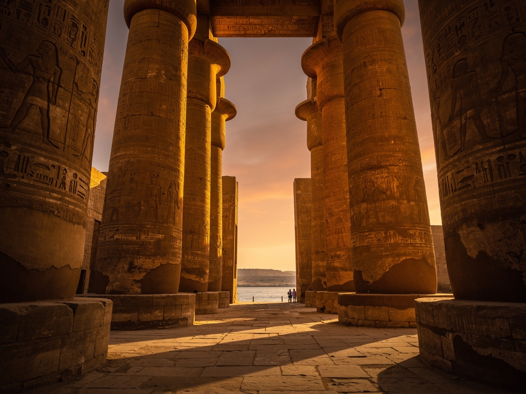 Luxor Temple at sunset with warm golden light reflecting on the Nile