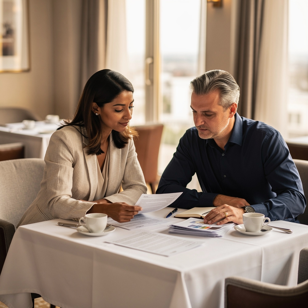 Two consultants reviewing notes at a hotel breakfast table in Upper Egypt