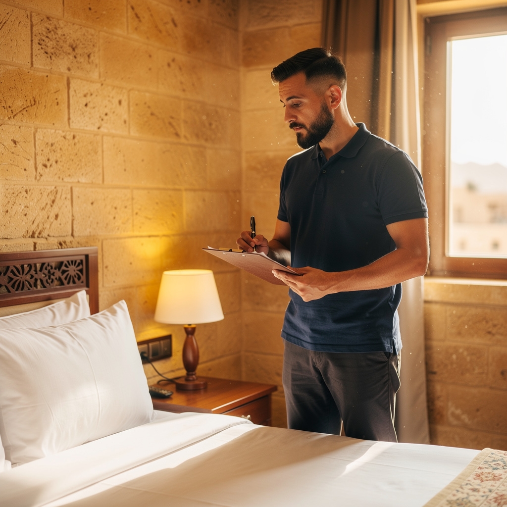 Video thumbnail showing a consultant reviewing a hotel room with a clipboard and notepad